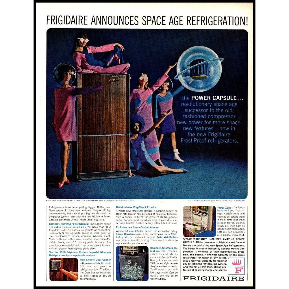 1966 Frigidaire Refrigerator Fridge Space Age Vintage Print Ad Wood Grain Photo